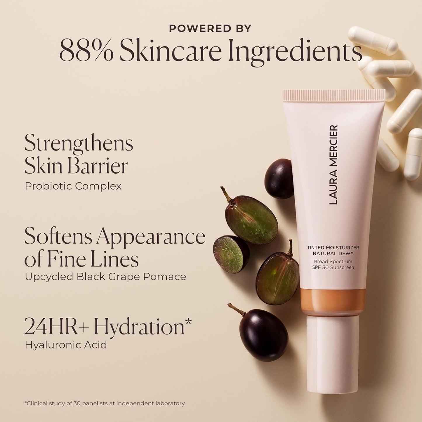 Laura Mercier Tinted Moisturizer Natural Dewy with SPF 30: 24HR+ Hydration, Long Lasting, Sheer to Light, Buildable Coverage, Dewy Finish, Improve Skin Tone and Texture, Skin Tint