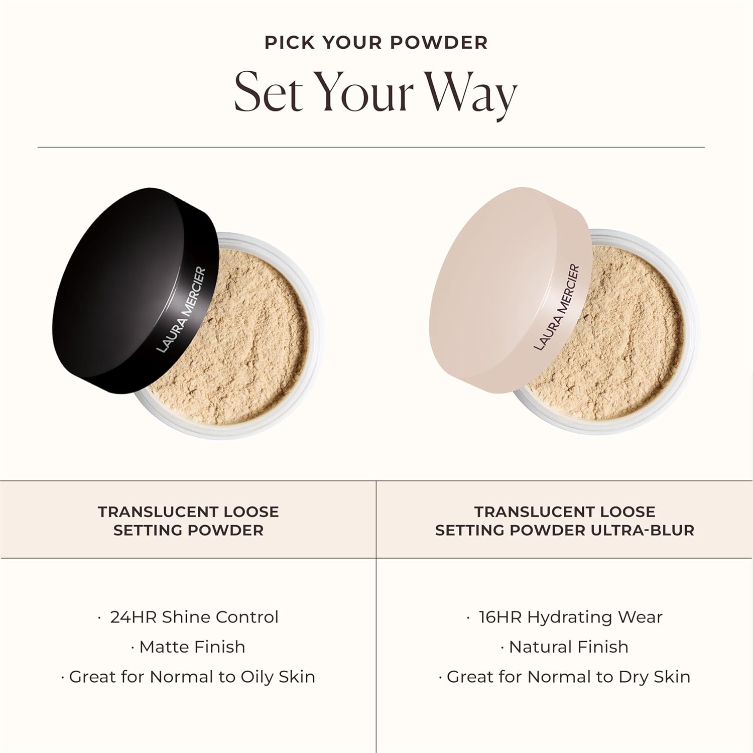 Laura Mercier Translucent Loose Talc-Free Setting Powder Ultra-Blur: Hyaluronic Acid Infused, Natural & Blurring Finish, Long Lasting, For Normal to Dry + Mature Skin, 4 Shades, Holiday Gift Set